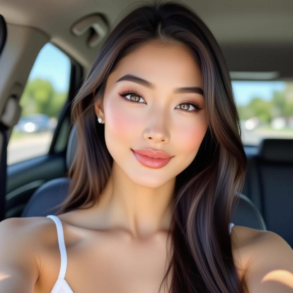 Younger Asian woman with long black hair bright grey eyes fair skin full lips sharp facial features posing for a selfie in a car showcasing her face natural-looking makeup defined eyebrows bright eyes gentle smile athletic build toned stomach fitted clothing camera captures from slight angle emphasis on slender arms delicate hands car interior blurred background warm light