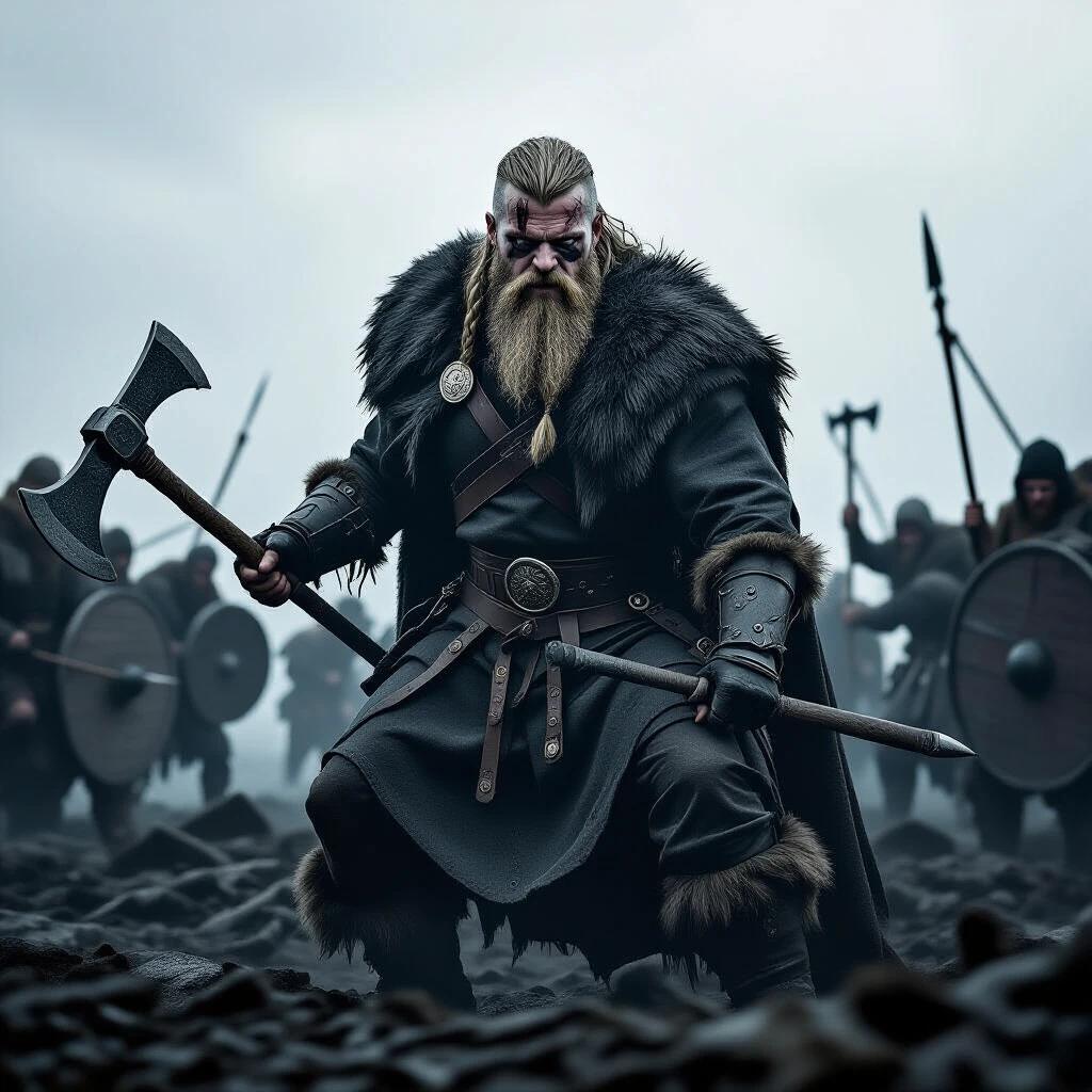 Realistic black and white image depicting old Viking in a dramatic war scene. Scene shows Viking warrior with axe and leather armor poised for battle surrounded by other warriors ready for conflict. Foggy background enhances the intensity of the scene.