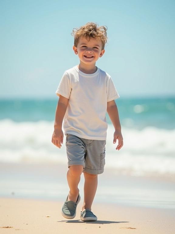 A little boy with curly hair walks along the sandy beach. He wears a cotton t-shirt and shorts with slip-on shoes. The ocean waves are visible in the background. The boy smiles while walking.