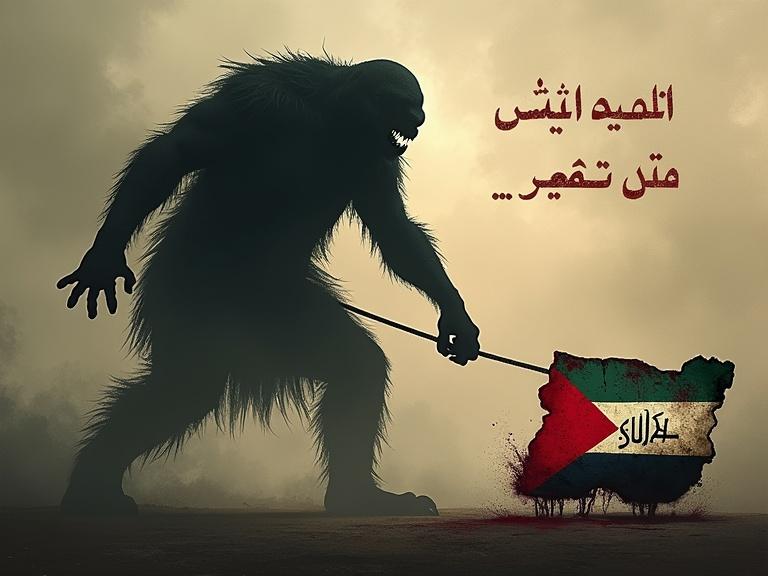 Facebook Page Cover image with dimensions of 820x360 pixels. Safe zone is 640 pixels wide by 312 pixels tall. Top right corner has bold Arabic text انتبه: السودان يرجع الى الخلف. Scene features a giant shadowy monster with no facial features pulling a twisted map of Sudan. The map shows Sudanese flag colors and appears to bleed from edges. The monster symbolizes corruption with the word الفساد on its body. Dark, dystopian tone highlights the theme of corruption's pull on the nation.