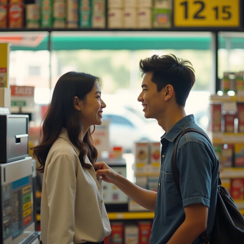 Scene of young Asian girl visiting a convenience store and meeting a young Asian boy at checkout. They share a moment filled with attraction.