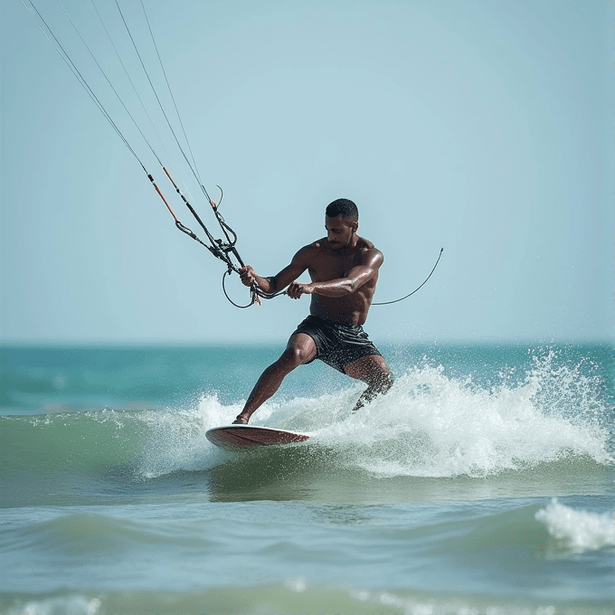 A man is skillfully kitesurfing on the ocean, balancing on a board over a breaking wave under a clear sky.