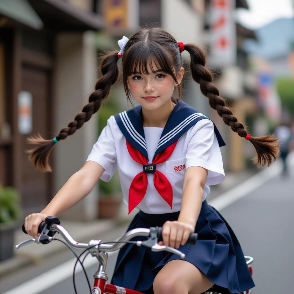A girl rides a bicycle wearing a Japanese sailor outfit with high double pigtails and freckles.