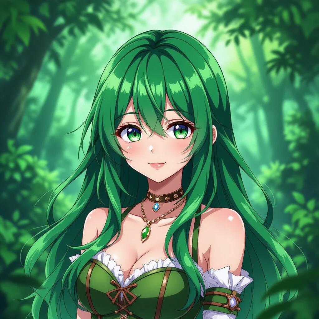 Anime theme featuring a girl with long green hair in a fantasy forest. She has vibrant eyes and a confident expression. Wears a stylish outfit. Background consists of lush green foliage with a mystical atmosphere.