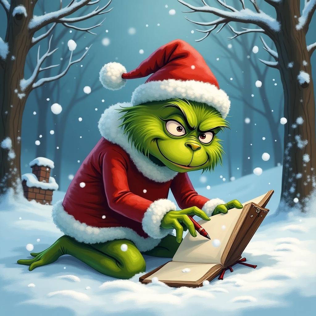 A green Grinch in a Santa outfit writes in a snow-covered landscape. He holds a red pencil and looks focused. Snowflakes are falling around him.