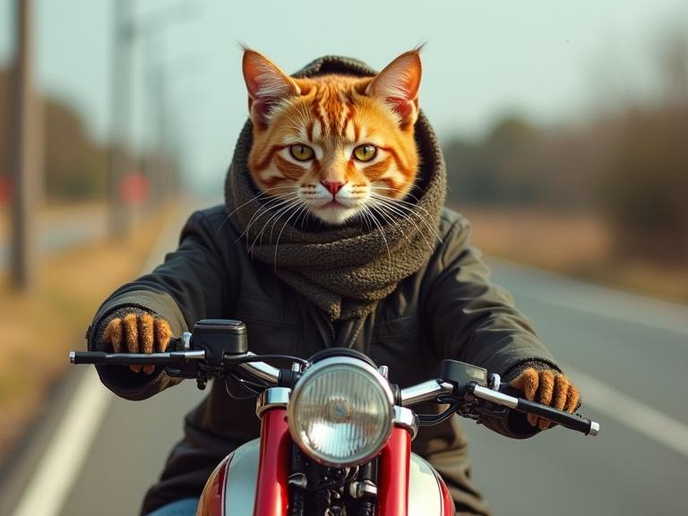 Anthropomorphic cat wearing biker clothing on a cruiser motorcycle geared for the road during sunset.