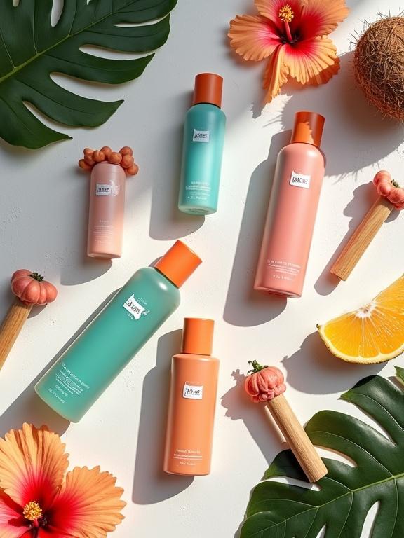 Flat lay product photograph of Moana brand skincare items. Arranged creatively on light wooden surface. Natural bright lighting enhances vibrant colors. Surrounding elements include vibrant fabric scraps and fresh tropical fruits like pineapple and coconut. Hibiscus flowers and scent strips are present, along with pencil sketches of characters.