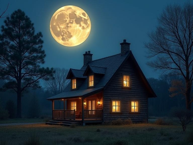 Wooden cottage glowing under a large full moon in a night sky.
