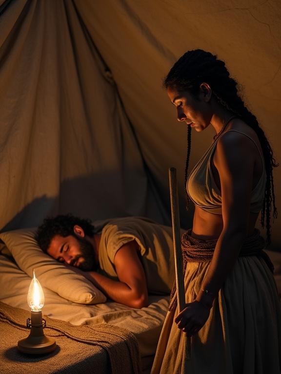 Dramatic moment inside a quiet tent. Sisera lies asleep on a mat after battle. Jael stands with determination holding a tent peg and wooden mallet. Dim light from oil lamp casts shadows on canvas.