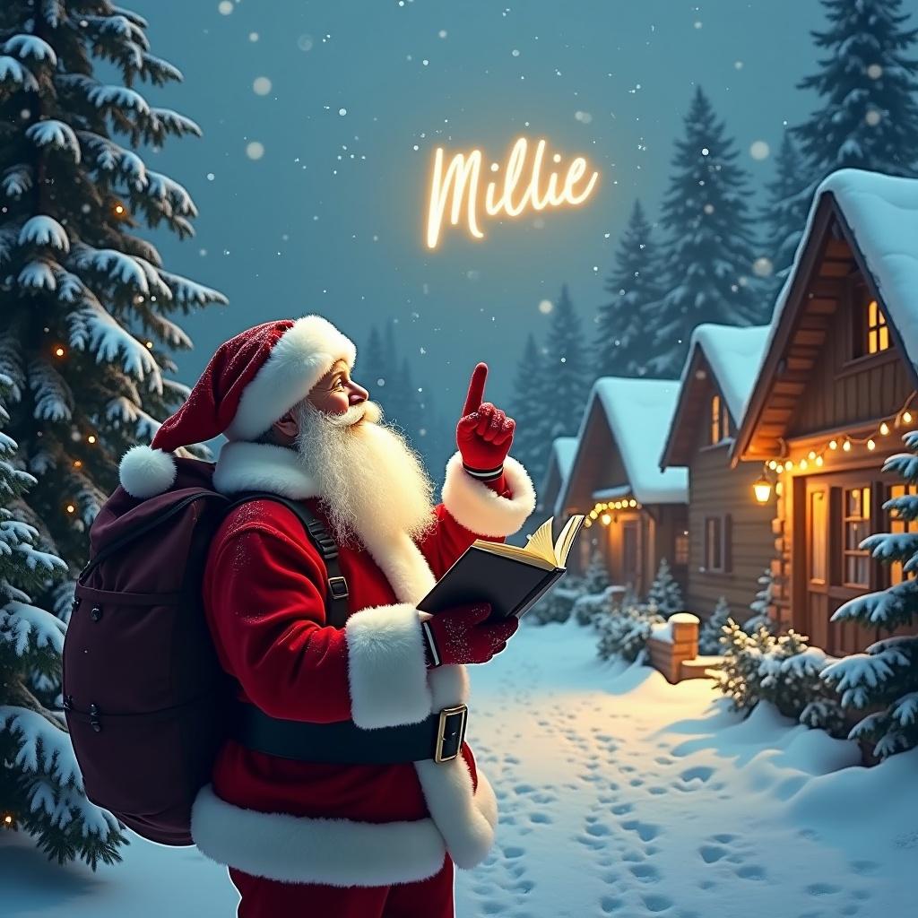 A joyful Santa Claus in a snowy village. He reads from a notebook under gentle snowfall. Cottages adorned with lights surround him. Santa wears a red suit and white beard, holding a book. The scene evokes holiday cheer and warmth. Snowflakes fall softly. Evergreen trees complete the landscape.