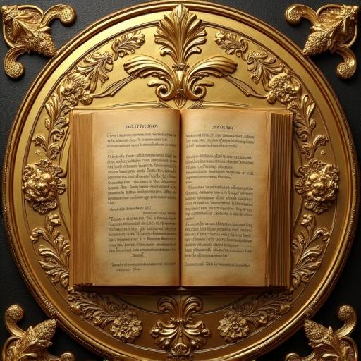 An elegant scripture displayed in gold with a 3D relief. Features the title 'SODALIZIO' of 'L'ANELLO'. Open book motif. Ornate circular frame. Intricate designs surrounding the text.