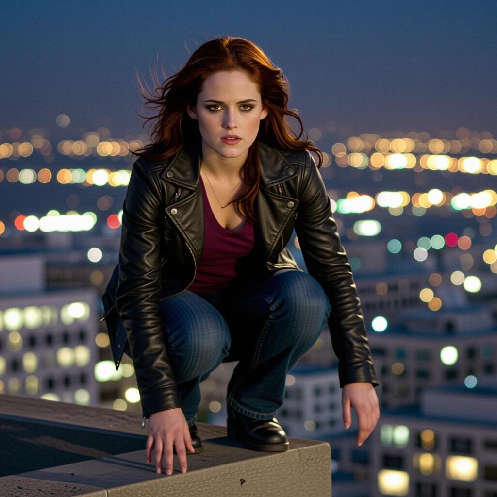 Female character in a black leather jacket crouches on a rooftop overlooking a city at night. Bright city lights are in the background. The character has long, wavy red hair and a serious expression.