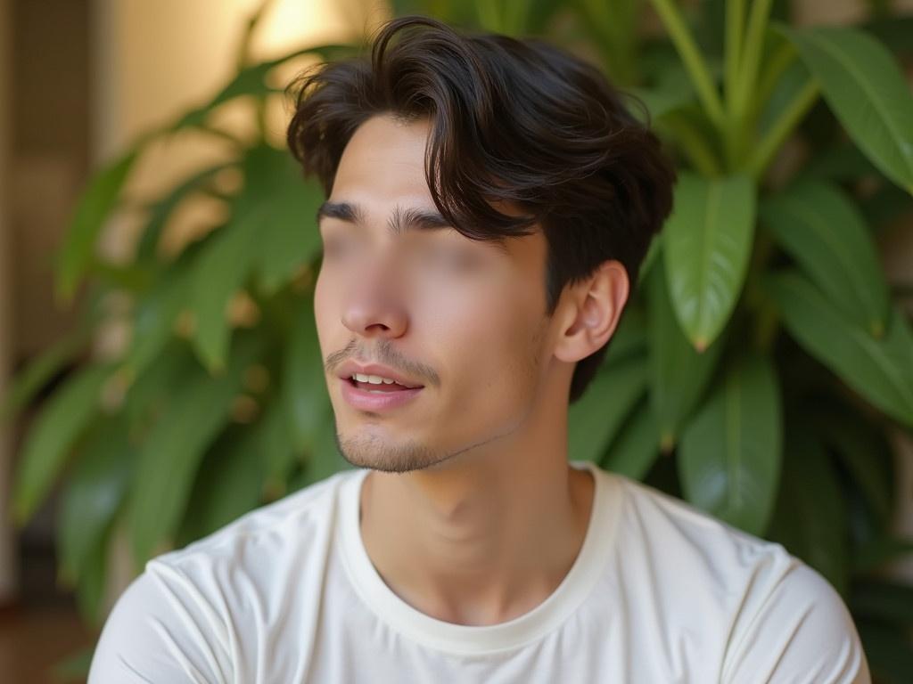 A portrait of a young man is displayed, but his face is blurred. He has dark, slightly wavy hair styled back, and he is wearing a plain white t-shirt. The background features lush green plants, suggesting a natural setting. The lighting appears warm and soft, indicating a relaxed atmosphere. The young man seems to be engaged, perhaps in a conversation or moment of reflection.