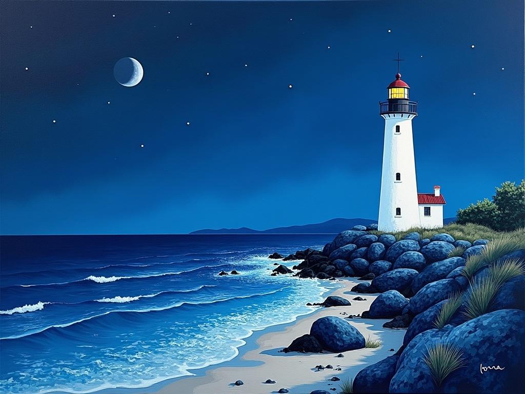 Indigo blue seaside scene depicting a white lighthouse. Night sky filled with stars and a crescent moon. Expressive oil painting style characterized by clear lines and strong colors. The lighthouse stands on a rocky shore with gentle waves. Elements of folk art are present with smooth textures and deep layers. Soft brushstrokes highlight the emotional depth of the scene. Origami-inspired folded paper textures are subtly incorporated into the composition to add dimensionality.