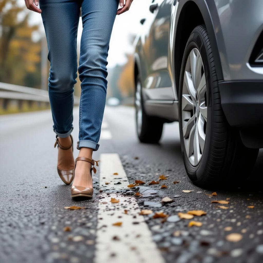 Woman walking along the roadside near a broken car. Legs of the woman visible in high heel shoes. Overcast day with fallen leaves on the road.
