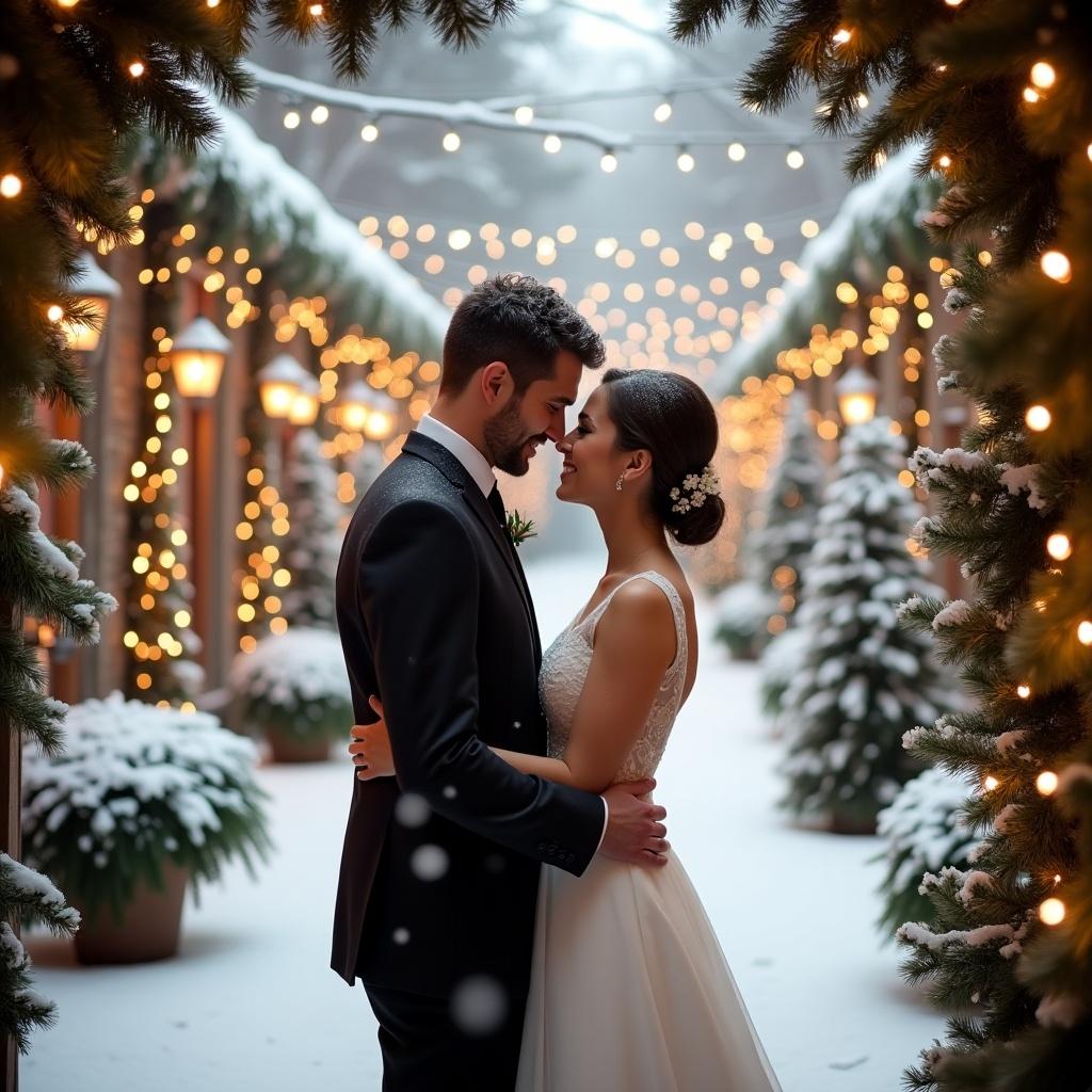 beautiful Christmas winter setting with bride and groom at their wedding