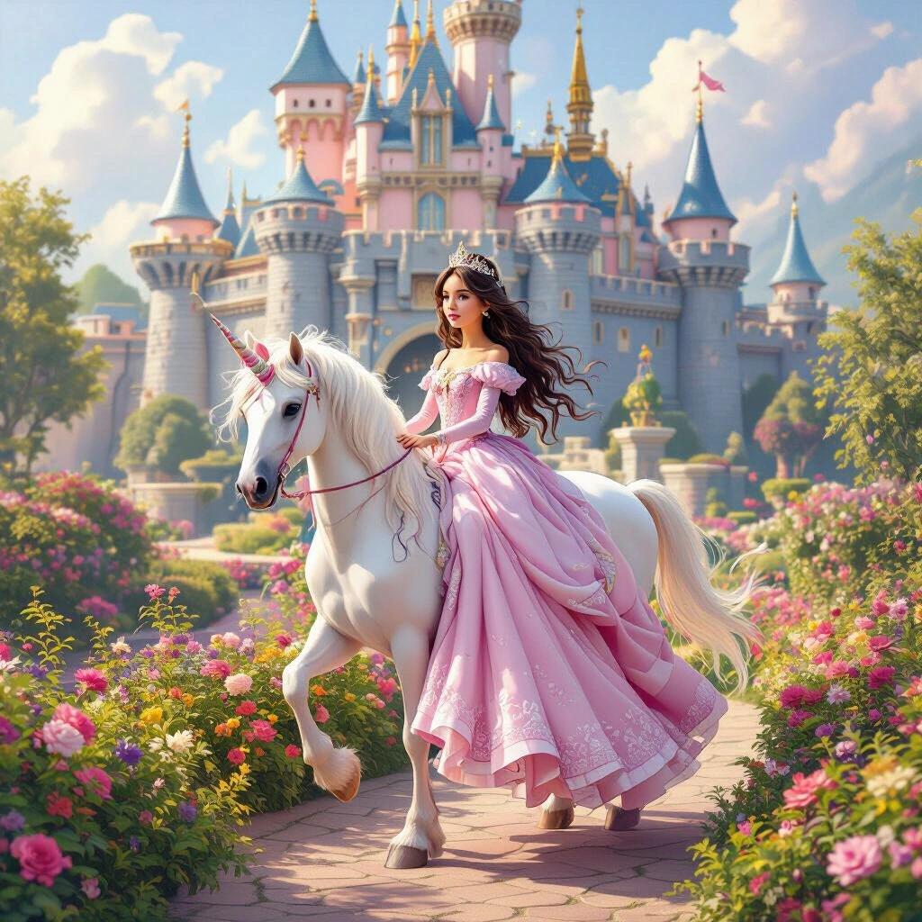A whimsical scene featuring a princess with dark long hair riding a pink unicorn in a flower-filled garden by a castle. The image conveys a sense of magic and wonder with bright colors and romantic elements. The princess wears a beautiful pink gown and showcases an air of elegance, surrounded by a castle backdrop.