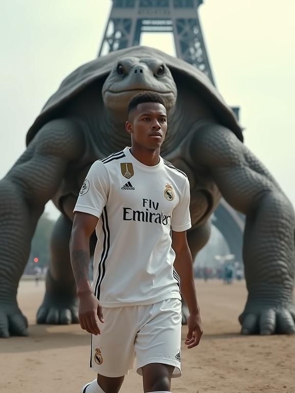 Photo-realistic image of Kylian Mbappé in Real Madrid kit walking confidently towards the Eiffel Tower with a giant ninja turtle behind him. Dynamic action and cinematic lighting capture the full body and details.
