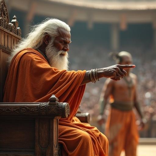 Elderly warrior Dronacharya rises from his ornate wooden chair in the royal arena. His stern face shows disapproval. With one hand gripping a wooden staff, he points at Karna in the center. Drona's expression is filled with authority and anger. He speaks harsh words. The crowd is stunned, and tension rises. Karna remains silent, his eyes burning with pain.