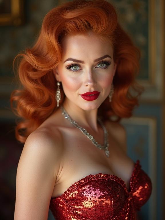 Portrait of a woman with red hair in a sequin dress. The setting is elegant with vintage decor. The woman has a glamorous expression and stylish accessories.