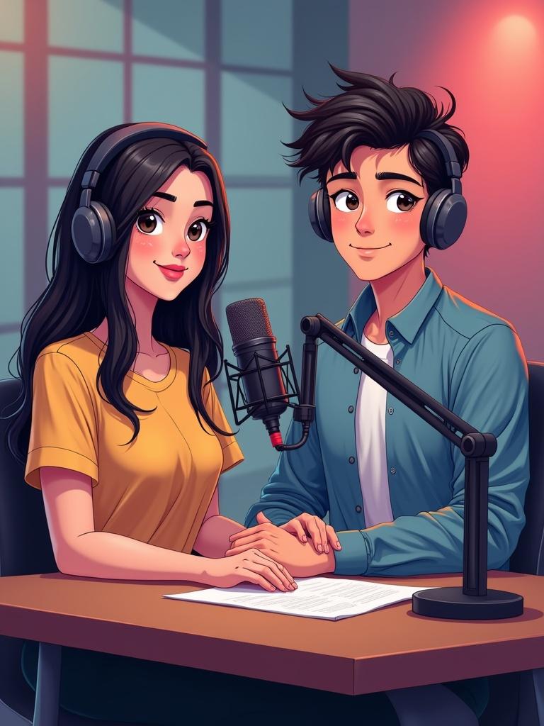 Digital illustration showcasing a podcast studio with two young hosts. They sit at a modern table with professional microphones and headphones. The atmosphere appears inviting and professional. The scene captures the essence of a lively and relaxed podcast environment.