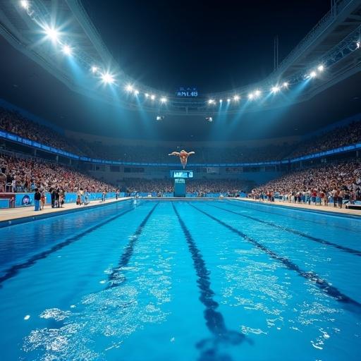 Dynamic side-view scene of an Olympic-style diving pool. Captured in a dramatic broadcast angle. Deep blue 10m diving pool. Slightly rippled water surface. High diving platform on the left side. Diver mid-air in pike position. Secondary 3m and 5m platforms in background. Professional lighting with spotlights. Minimalist audience blur with Olympic banners. Time counter in top corner. Slow-motion blur on splashes. Ultra HD details with frozen water droplets. Color grading with cool blues and warm spotlights. Hyper-realistic sports photography.