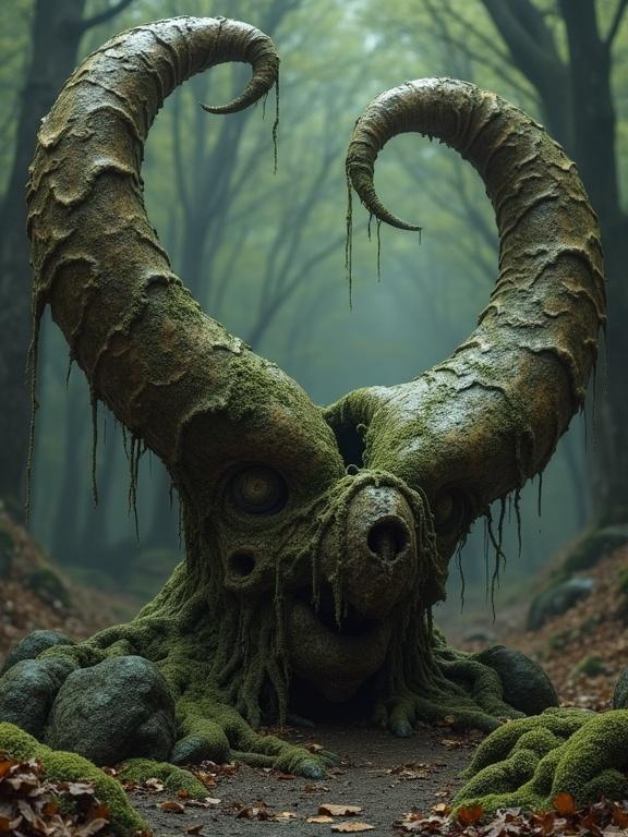 An eldritch creature resembling an ancient horn-shaped cornucopia. It is covered in moss with eerie facial features. The background is a foggy forest, emphasizing the creature's mystery.