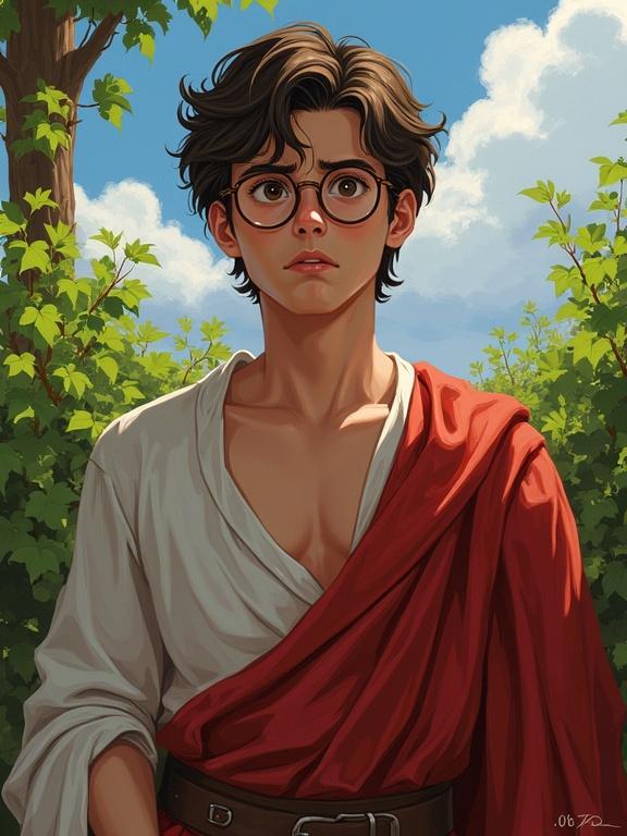 A young timid man wears round glasses. He is in his early 20s. The man wears robes and looks worried and pensive. The setting is outdoors, surrounded by vines. It is a digital art painting. 