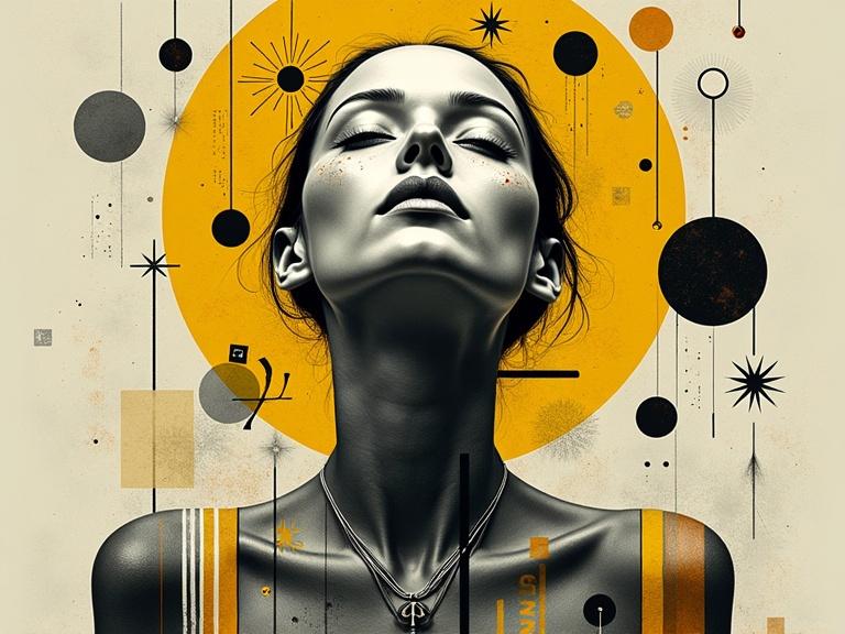 Surreal abstract portrait of a person with a metallic forehead. Background features geometric shapes in yellow black and white. Halo-like yellow circle surrounds the face. Symbols and letters scattered throughout. Necklace adds detail to neck and shoulders. Cosmic motifs include stars and moons. Design blends futuristic and artistic styles.