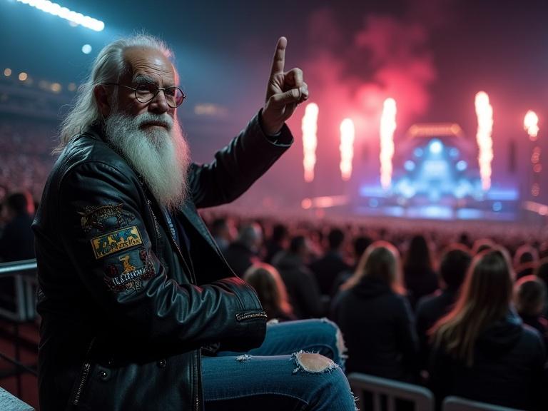 Old man has long white beard. Weathered face looks experienced. Wearing black leather jacket with metal band patches. Ripped jeans and studded boots. Sitting on stadium bleacher. Surrounded by concert spectators. Holding opera glasses with one hand. Other hand raised making heavy metal horns sign. Distant stage displays Metallica concert. Bright red and blue lights and pyrotechnics. Setting is nighttime. Gritty cinematic atmosphere. Ultra-detailed and realistic style.