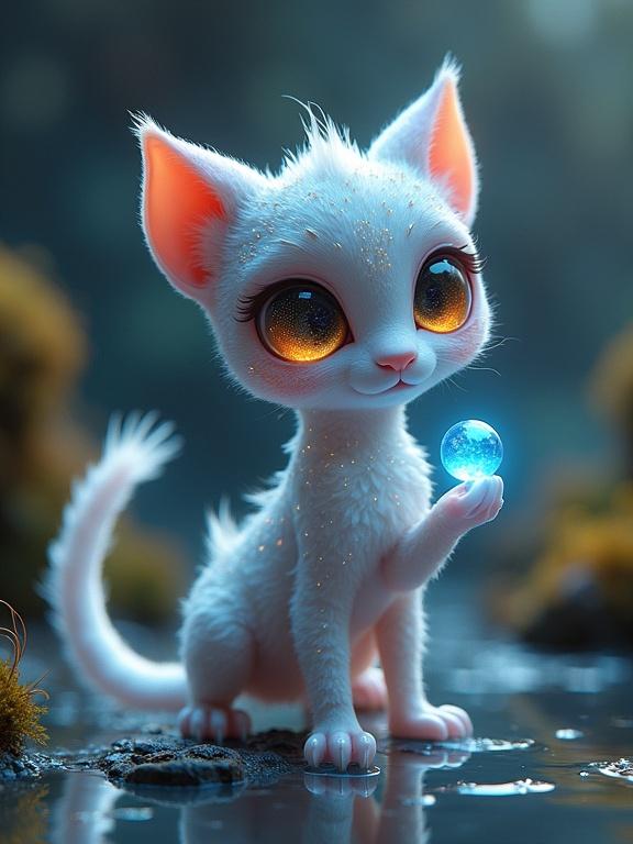 A fantastical, photo-realistic small companion creature with a sleek feline-like body. Fur appears iridescent in shifting colors. Large expressive eyes glow softly, reflecting data patterns. Long prehensile tail ends with a bioluminescent orb. Small feather-like appendages on its back flutter with light. Translucent paws leave glowing traces when it moves. Environment features flowing water and glowing moss.