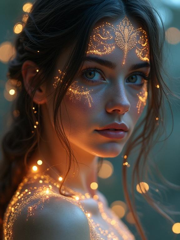 A hyperrealistic portrait featuring a beautiful woman with intricate glowing tattoos. She has flowing hair with golden strands. The background has a soft bokeh effect. The image blends realism and fantasy, inspired by Artgerm and Alphonse Mucha.