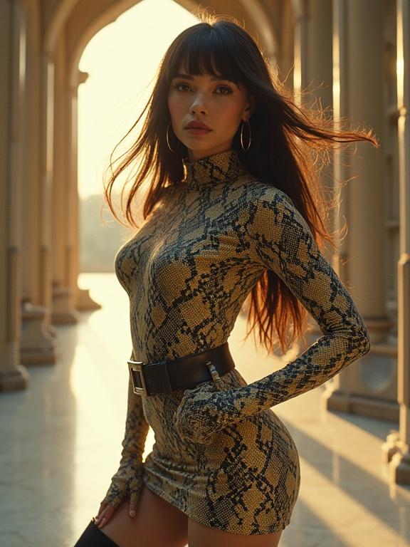 Retro fantasy futuristic artistic provocative space scene. Beautiful female character with long hair wearing snake-skin dress. Model pose in industrial cathedral. Action tilt and dutch angle composition. Intense brown eyes and attractive body proportions. Heavenly light and unique hairstyle.