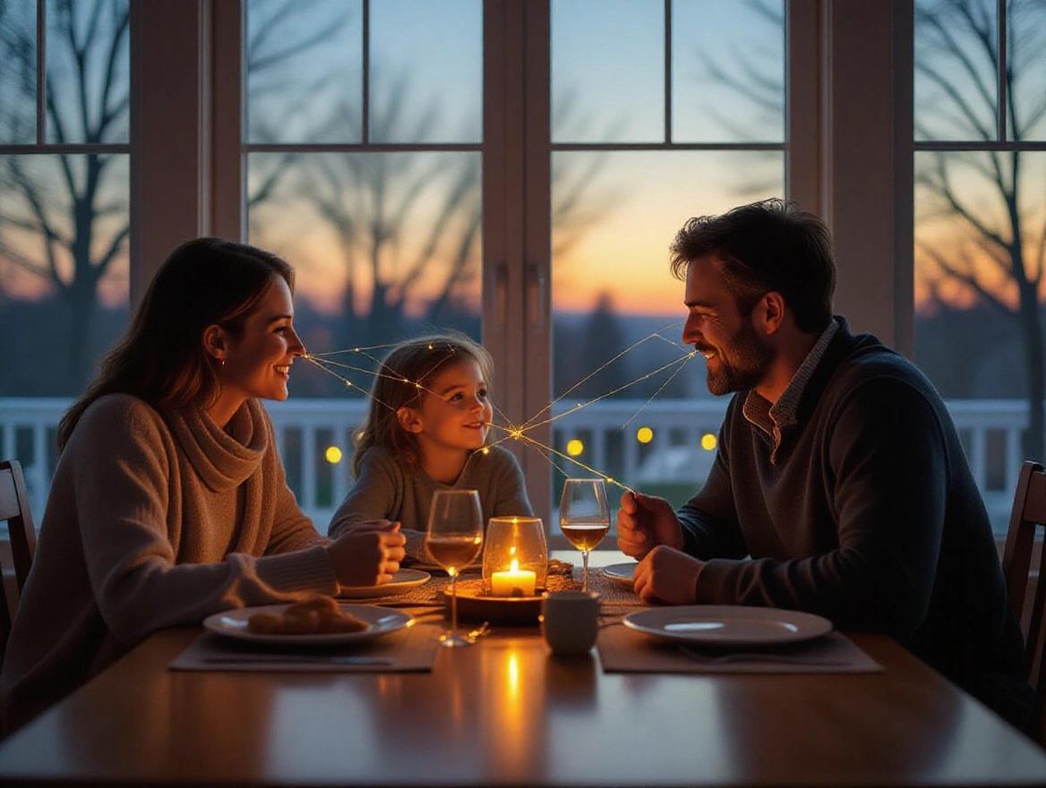 Family dinner scene with parents and child. Sharing glances between family members. Golden threads of connection visible. Evening light from windows. Photorealistic style.