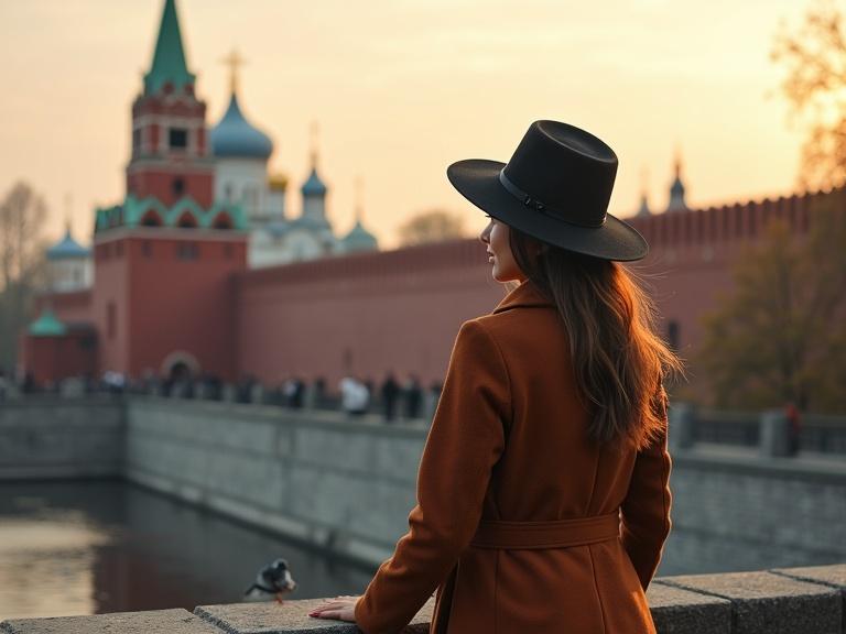 Young girl in elegant coat and wide-brimmed hat stands on a stone bridge facing a backdrop of the Kremlin. Spasskaya Tower visible behind her. Photograph taken during golden hour with warm light illuminating the scene. Depth of field settings used to keep both the girl and architecture in focus. Color tones convey a warm autumn vibe. Flight of pigeons adds dynamic to the foreground.