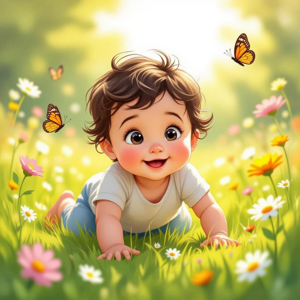 Cartoon-style baby crawling in a sunny meadow filled with flowers and butterflies. Baby appears happy and curious, surrounded by a warm atmosphere.
