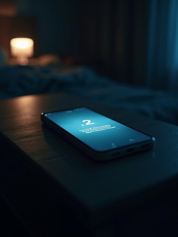 Close-up of a smartphone glowing on a dark wooden nightstand at 2 AM. Soft ambient light and cinematic shadows create a moody atmosphere.