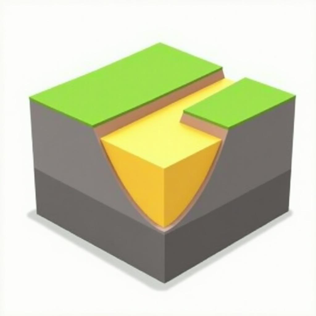 Geology 3D model with cartoon style. Top layer is green. First layer is grey. The middle layer is yellow. Includes two listric faults and two perpendicular faults creating a block in the middle. Display displacement of yellow layer due to faults.