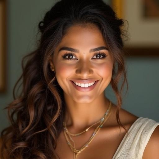 A woman with long hair smiling warmly. Natural lighting highlights her features. She wears a casual outfit with subtle jewelry. The background is softly blurred, focusing on her joyful expression.