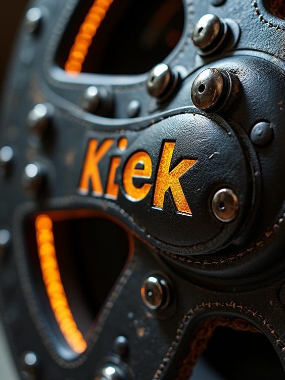 Macro view of a leather timing belt showcasing embossed text. Chrome gears interlock with the belt. Weathered yellow font reads 'Kiek'. Angled armor plates reveal micro-scratches. LED light strips are embedded along edges. Matte black paint shows carbon-fiber texture under studio lighting.