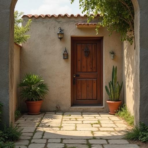 Image of an inviting front door with a natural stone pathway. Green plants in terracotta pots frame the entrance. The door is made of wood with a decorative handle. A warm and welcoming vibe is present.