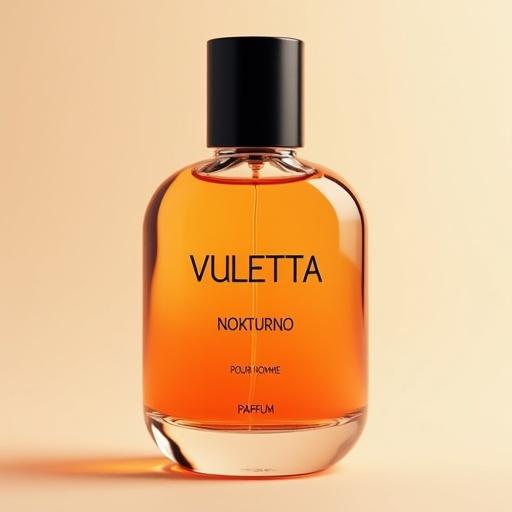 Sleek modern perfume bottle with rounded amber upper half transitioning to deep orange gradient at the base. Bottle features simple black cap set against soft background. Label has 'VULETTA' in unique font at the top. Below it in the middle 'NOKTURNO' and below it 'POUR HOMME'. 'PARFUM' near the bottom. Light leaks and pastel color grading.