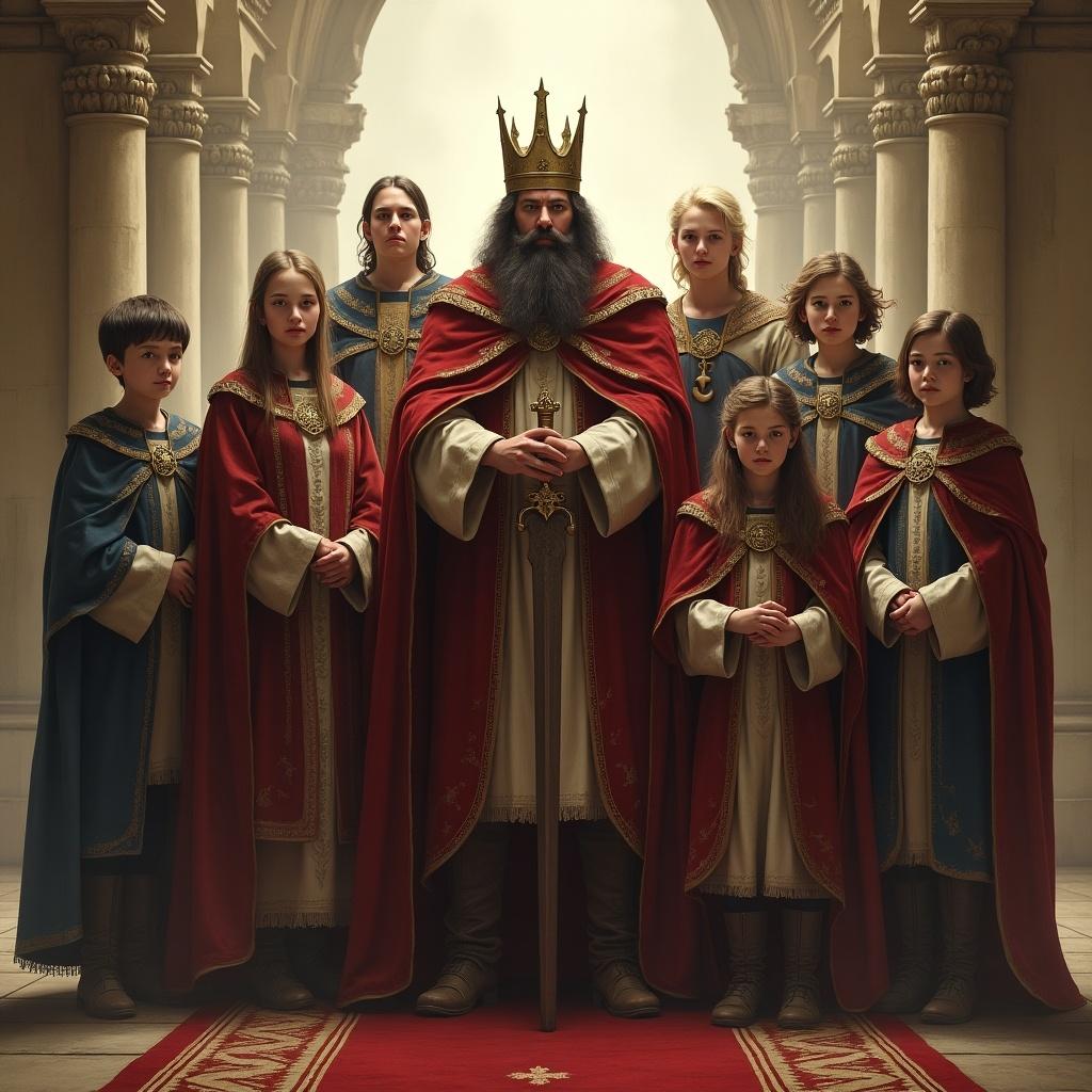 Seven children of a king in regal attire depict a fantasy of monarchy and power.