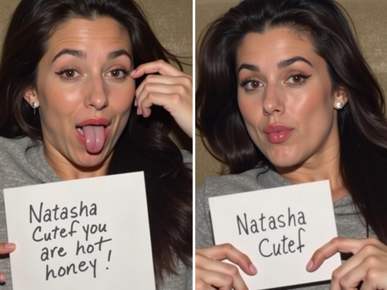 The image features a person with long dark hair, lounging on a couch, striking a playful pose. They have their tongue out and one hand on their face, showing a cheeky expression. In this edited version, they are holding a piece of paper. The paper has the phrase 'Natasha Cutef you are hot honey!' written on it in a black-grey slim handwritten style. The background is cozy, enhancing the casual vibe of the scene.