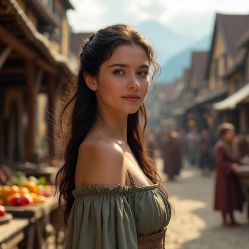 Ultra-realistic portrait of a young European medieval townswoman in a bustling marketplace. She has fair skin with a blush and kind brown eyes. Her long dark brown hair is covered by a linen coif. Dress made of wool and linen fabrics in earthy tones with tasteful cutouts. Relaxed posture exuding warmth. Background shows a lively medieval marketplace with wooden stalls. Soft daylight creates an authentic atmosphere.