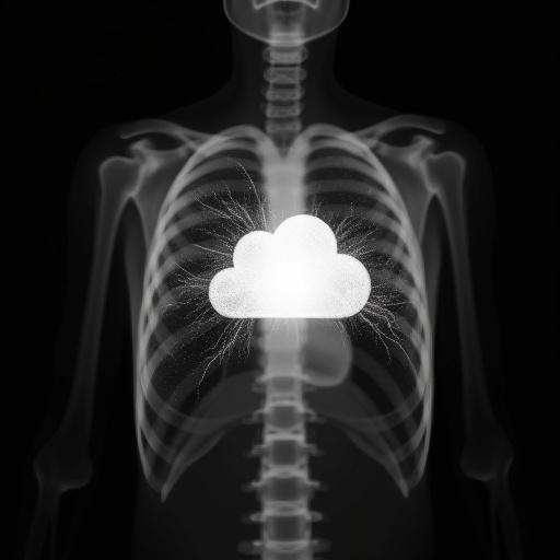 Black-and-white x-ray image of a human chest. Glowing cloud icon replaces heart. Streams of data pulsing like arteries. Minimalist sci-fi design. Symbolic dual-layer image.