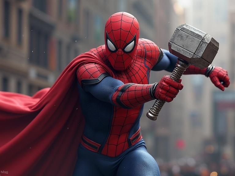 Spider-Man depicted in an action pose holding Thor's hammer. A cityscape background emphasizes movement and excitement. The character has a detailed suit featuring red and blue colors with a spider emblem. The scene evokes energy and power.