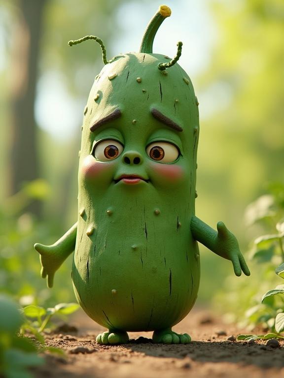 A detailed CGI cucumber character with a grumpy yet adorable expression. The character has features like big eyes and a cheeky smile. The background is bright and sunny, depicting a vibrant natural setting.