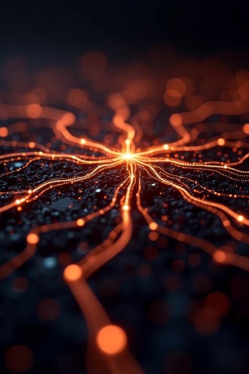 Complex glowing network of interconnected lines and nodes. Bright orange and white lines on dark background. High-tech sci-fi aesthetic. Visualization of neural networks, data flow, artificial intelligence, digital connectivity.