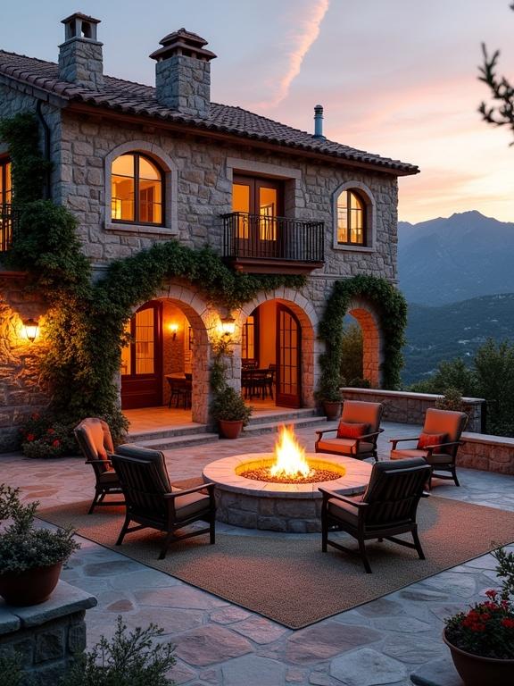 The image shows a stone house with outdoor patio. The house has arched windows and balconies. A circular fire pit is at the center with chairs around it. The patio has stone flooring and is decorated with plants. The scene is set during sunset with warm lighting.